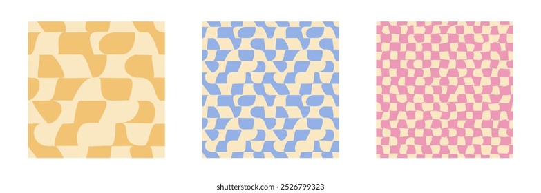 Collection of psychedelic checkerboard patterns. Visually striking design featuring in groovy colors and trippy geometric shapes. Optical illusions, retro style mesmerizing visual vector illustration