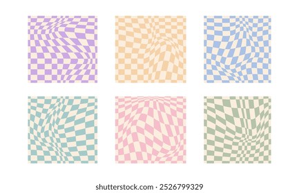 Collection of psychedelic checkerboard patterns. Visually striking design featuring in groovy colors and trippy geometric shapes. Optical illusions, retro style mesmerizing visual vector illustration