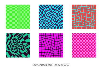 Colección de patrones de tablero de ajedrez psicodélico. Diseño visualmente llamativo con colores y2k y Formas geométricas trippy. Ilusiones ópticas, estilo funky hipnotizante Ilustración vectorial visual