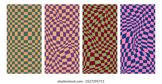 Collection of psychedelic checkerboard patterns. Visually striking design featuring in groovy colors and trippy geometric shapes. Optical illusions, retro style mesmerizing visual vector illustration