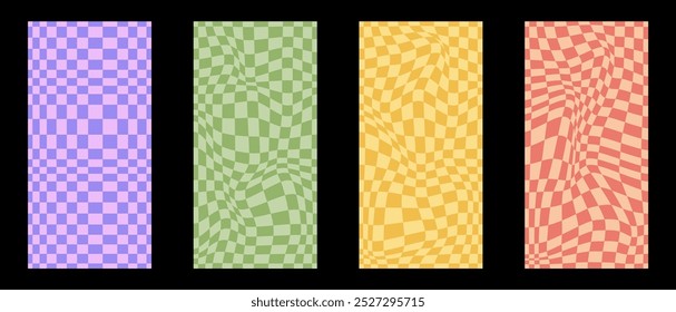 Collection of psychedelic checkerboard patterns. Visually striking design featuring in groovy colors and trippy geometric shapes. Optical illusions, retro style mesmerizing visual vector illustration