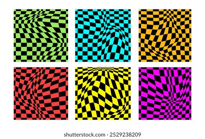 Colección de patrones de tablero de ajedrez psicodélico. Diseño visualmente llamativo con colores y2k y Formas geométricas trippy. Ilusiones ópticas, estilo funky hipnotizante Ilustración vectorial visual