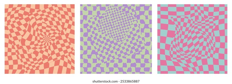 Collection of psychedelic checkerboard patterns. Visually striking design featuring in groovy colors and trippy geometric shapes. Optical illusions, retro style mesmerizing visual vector illustration