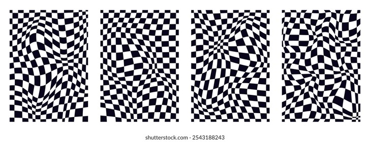 Collection of psychedelic checkerboard patterns. Visually striking design featuring black white colors and trippy geometric shapes. Optical illusions, retro art mesmerizing visual vector illustration