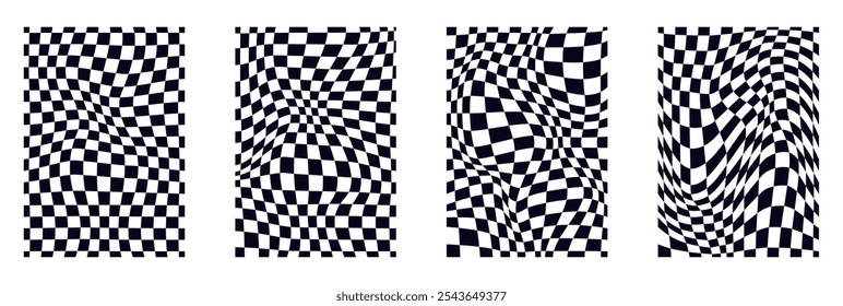 Collection of psychedelic checkerboard patterns. Visually striking design featuring black white colors and trippy geometric shapes. Optical illusions, retro art mesmerizing visual vector illustration