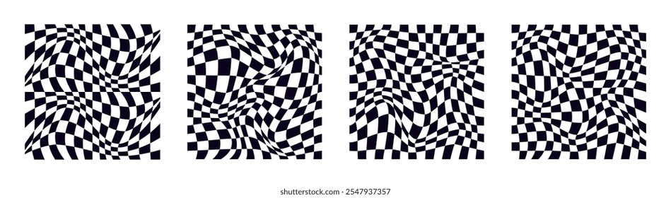 Collection of psychedelic checkerboard patterns. Visually striking design featuring black white colors and trippy geometric shapes. Optical illusions, retro art mesmerizing visual vector illustration