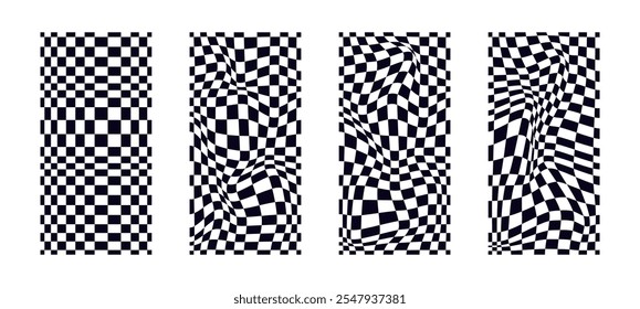 Collection of psychedelic checkerboard patterns. Visually striking design featuring black white colors and trippy geometric shapes. Optical illusions, retro art mesmerizing visual vector illustration