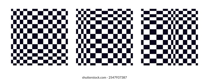 Collection of psychedelic checkerboard patterns. Visually striking design featuring black white colors and trippy geometric shapes. Optical illusions, retro art mesmerizing visual vector illustration