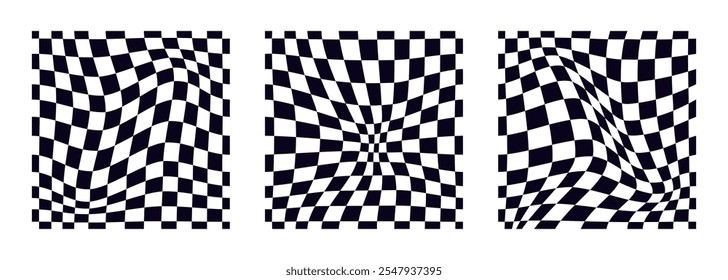 Collection of psychedelic checkerboard patterns. Visually striking design featuring black white colors and trippy geometric shapes. Optical illusions, retro art mesmerizing visual vector illustration