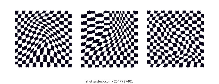 Collection of psychedelic checkerboard patterns. Visually striking design featuring black white colors and trippy geometric shapes. Optical illusions, retro art mesmerizing visual vector illustration