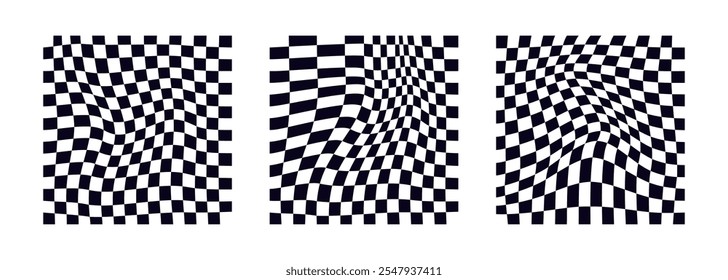 Collection of psychedelic checkerboard patterns. Visually striking design featuring black white colors and trippy geometric shapes. Optical illusions, retro art mesmerizing visual vector illustration