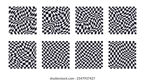 Collection of psychedelic checkerboard patterns. Visually striking design featuring black white colors and trippy geometric shapes. Optical illusions, retro art mesmerizing visual vector illustration