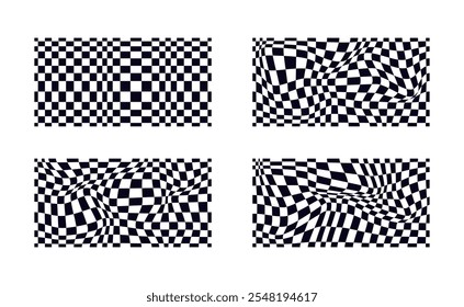 Collection of psychedelic checkerboard patterns. Visually striking design featuring black white colors and trippy geometric shapes. Optical illusions, retro art mesmerizing visual vector illustration