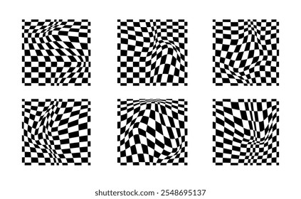 Collection of psychedelic checkerboard patterns. Visually striking design featuring black white colors and trippy geometric shapes. Optical illusions, retro art mesmerizing visual vector illustration