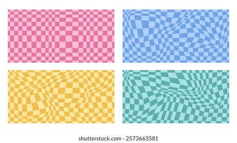 Collection of psychedelic checkerboard patterns. Visually striking design featuring in groovy colors and trippy geometric shapes. Optical illusions, retro style mesmerizing visual vector illustration