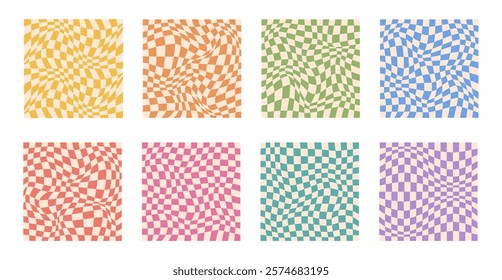 Collection of psychedelic checkerboard patterns. Visually striking design featuring in groovy colors and trippy geometric shapes. Optical illusions, retro style mesmerizing visual vector illustration