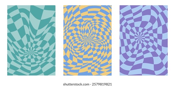 Collection of psychedelic checkerboard patterns. Visually striking design featuring in groovy colors and trippy geometric shapes. Optical illusions, retro style mesmerizing visual vector illustration