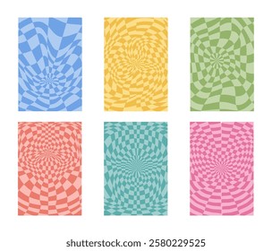 Collection of psychedelic checkerboard patterns. Visually striking design featuring in groovy colors and trippy geometric shapes. Optical illusions, retro style mesmerizing visual vector illustration