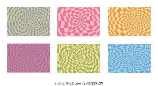 Collection of psychedelic checkerboard patterns. Visually striking design featuring in groovy colors and trippy geometric shapes. Optical illusions, retro style mesmerizing visual vector illustration