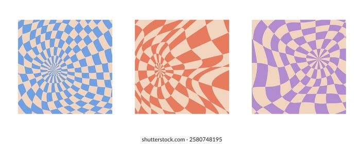 Collection of psychedelic checkerboard patterns. Visually striking design featuring in groovy colors and trippy geometric shapes. Optical illusions, retro style mesmerizing visual vector illustration