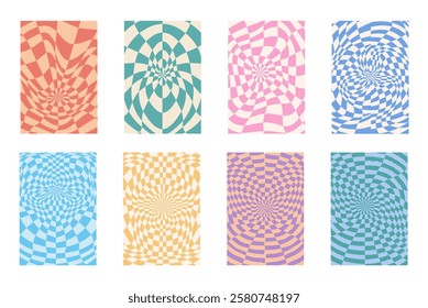 Collection of psychedelic checkerboard patterns. Visually striking design featuring in groovy colors and trippy geometric shapes. Optical illusions, retro style mesmerizing visual vector illustration