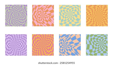 Collection of psychedelic checkerboard patterns. Visually striking design featuring in groovy colors and trippy geometric shapes. Optical illusions, retro style mesmerizing visual vector illustration