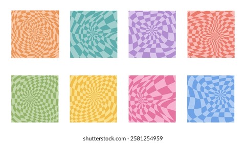 Collection of psychedelic checkerboard patterns. Visually striking design featuring in groovy colors and trippy geometric shapes. Optical illusions, retro style mesmerizing visual vector illustration