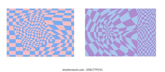 Collection of psychedelic checkerboard patterns. Visually striking design featuring in groovy colors and trippy geometric shapes. Optical illusions, retro style mesmerizing visual vector illustration