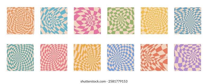 Collection of psychedelic checkerboard patterns. Visually striking design featuring in groovy colors and trippy geometric shapes. Optical illusions, retro style mesmerizing visual vector illustration