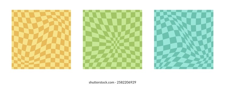 Collection of psychedelic checkerboard patterns. Visually striking design featuring in groovy colors and trippy geometric shapes. Optical illusions, retro style mesmerizing visual vector illustration