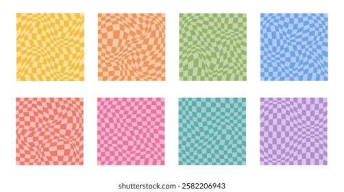 Collection of psychedelic checkerboard patterns. Visually striking design featuring in groovy colors and trippy geometric shapes. Optical illusions, retro style mesmerizing visual vector illustration