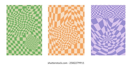 Collection of psychedelic checkerboard patterns. Visually striking design featuring in groovy colors and trippy geometric shapes. Optical illusions, retro style mesmerizing visual vector illustration