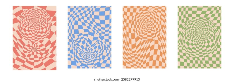 Collection of psychedelic checkerboard patterns. Visually striking design featuring in groovy colors and trippy geometric shapes. Optical illusions, retro style mesmerizing visual vector illustration