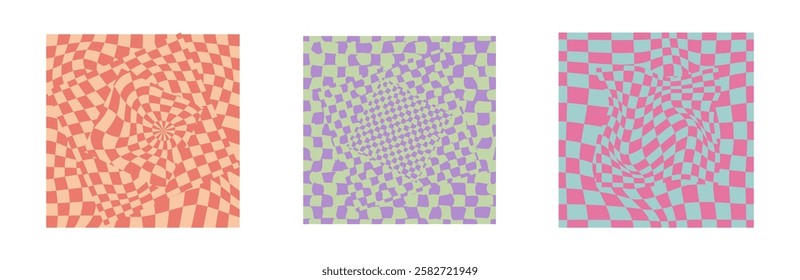 Collection of psychedelic checkerboard patterns. Visually striking design featuring in groovy colors and trippy geometric shapes. Optical illusions, retro style mesmerizing visual vector illustration