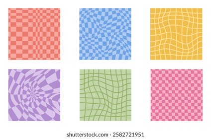 Collection of psychedelic checkerboard patterns. Visually striking design featuring in groovy colors and trippy geometric shapes. Optical illusions, retro style mesmerizing visual vector illustration