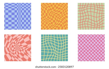 Collection of psychedelic checkerboard patterns. Visually striking design featuring in groovy colors and trippy geometric shapes. Optical illusions, retro style mesmerizing visual vector illustration