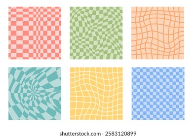 Collection of psychedelic checkerboard patterns. Visually striking design featuring in groovy colors and trippy geometric shapes. Optical illusions, retro style mesmerizing visual vector illustration