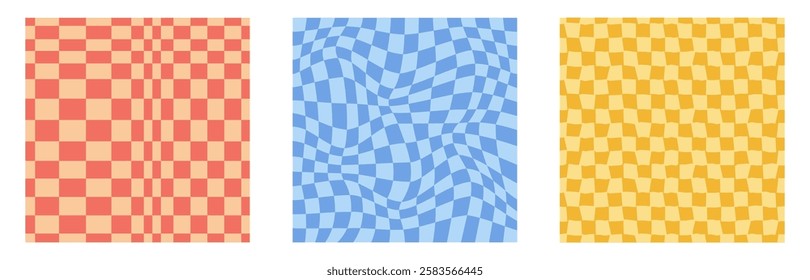 Collection of psychedelic checkerboard patterns. Visually striking design featuring in groovy colors and trippy geometric shapes. Optical illusions, retro style mesmerizing visual vector illustration