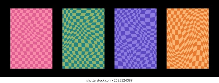 Collection of psychedelic checkerboard patterns. Visually striking design featuring in groovy colors and trippy geometric shapes. Optical illusions, retro style mesmerizing visual vector illustration