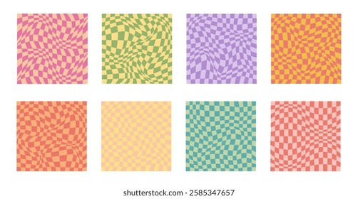 Collection of psychedelic checkerboard patterns. Visually striking design featuring in groovy colors and trippy geometric shapes. Optical illusions, retro style mesmerizing visual vector illustration