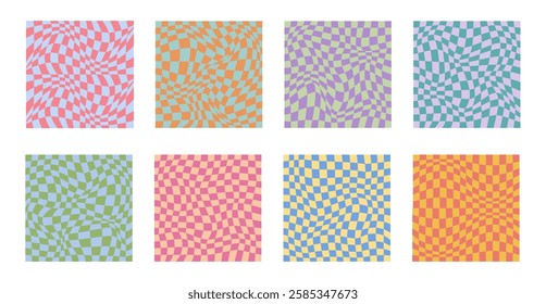 Collection of psychedelic checkerboard patterns. Visually striking design featuring in groovy colors and trippy geometric shapes. Optical illusions, retro style mesmerizing visual vector illustration