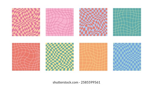 Collection of psychedelic checkerboard patterns. Visually striking design featuring in groovy colors and trippy geometric shapes. Optical illusions, retro style mesmerizing visual vector illustration