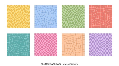 Collection of psychedelic checkerboard patterns. Visually striking design featuring in groovy colors and trippy geometric shapes. Optical illusions, retro style mesmerizing visual vector illustration