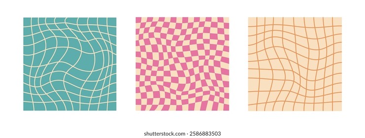 Collection of psychedelic checkerboard patterns. Visually striking design featuring in groovy colors and trippy geometric shapes. Optical illusions, retro style mesmerizing visual vector illustration