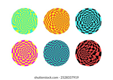 Collection of psychedelic checkerboard sphere. Visually striking design featuring in y2k colors. Trippy spiral shapes. Optical illusions pattern, funky art, mesmerizing bright vector illustration