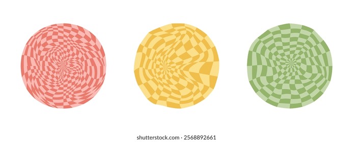 Collection of psychedelic checkerboard sphere. Visually striking design featuring in groovy colors. Trippy spiral shapes. Optical illusions pattern, retro art, mesmerizing visual vector illustration