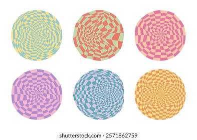 Collection of psychedelic checkerboard sphere. Visually striking design featuring in groovy colors. Trippy spiral shapes. Optical illusions pattern, retro art, mesmerizing visual vector illustration