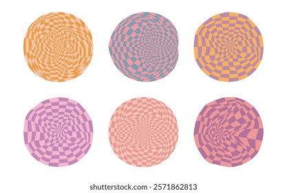 Collection of psychedelic checkerboard sphere. Visually striking design featuring in groovy colors. Trippy spiral shapes. Optical illusions pattern, retro art, mesmerizing visual vector illustration