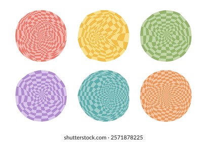 Collection of psychedelic checkerboard sphere. Visually striking design featuring in groovy colors. Trippy spiral shapes. Optical illusions pattern, retro art, mesmerizing visual vector illustration