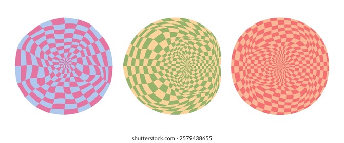 Collection of psychedelic checkerboard sphere. Visually striking design featuring in groovy colors. Trippy spiral shapes. Optical illusions pattern, retro art, mesmerizing visual vector illustration